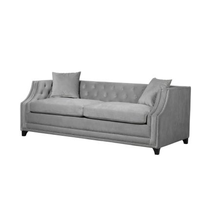 grey velvet sofa bed with deep-buttoning and chrome studding