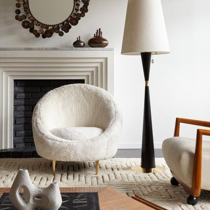 Luxurious Jonathan Adler white shearling fur armchair with golden legs