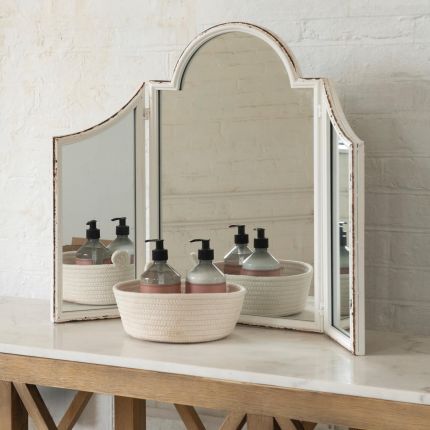 Traditional style triptych mirror with distressed, vintage finish