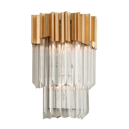 A glamorous clear crystal glass and gold leaf wall light