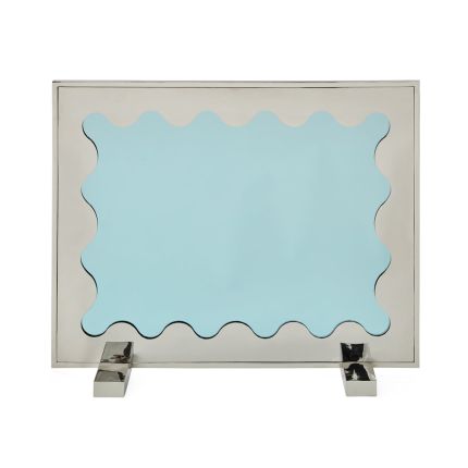  A stylish polished nickel and blue-tinted glass fire screen