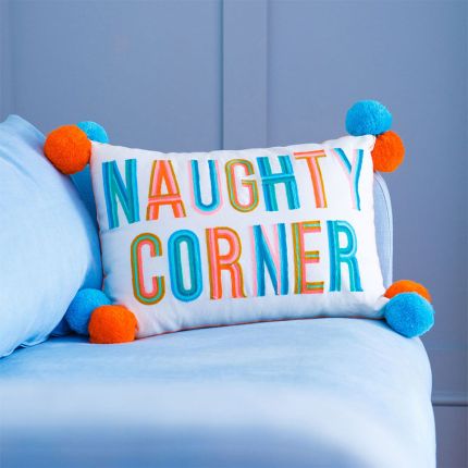 Brilliant blue and orange 'Naughty Corner' cushion with pom poms