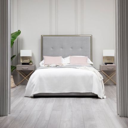 ex display with grey headboard and brass frame