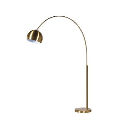 An elegant floor lamp with a minimalistic arched structure and brushed brass finish