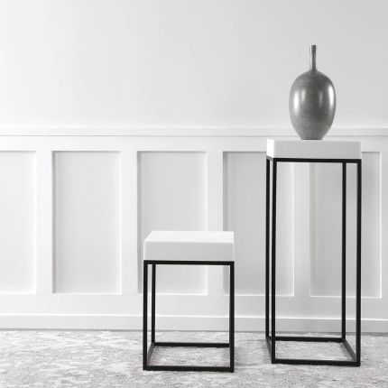 Minimalist black frame side table with white marble top