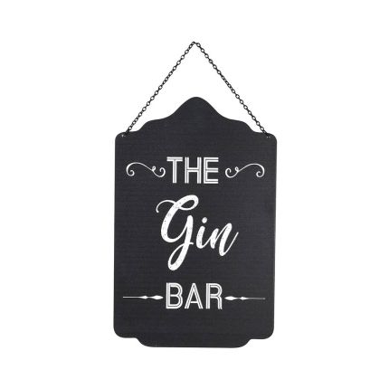 A luxurious black iron gin sign with white text