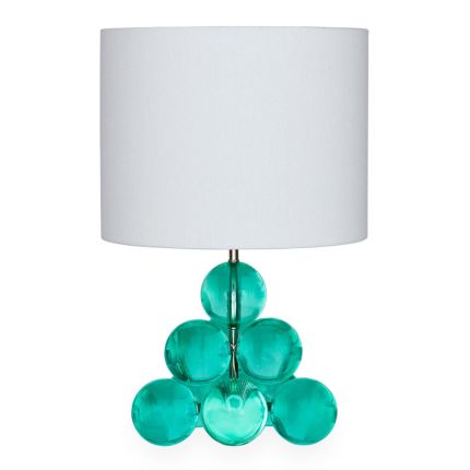 Blue globe side lamp with white linen shade