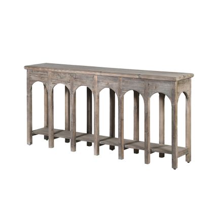 Stoic console table in grey wood finish with elegant arch details