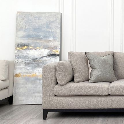 A luxury, hand painted canvas featuring a combination of grey and white tones with beautiful golden details