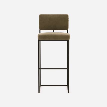 A chic, modern bar stool with a minimal black metal frame and velvet upholstery 