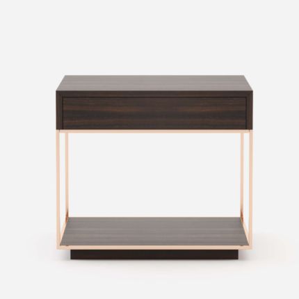 A chic modern eucalyptus wood and copper nightstand bedside table