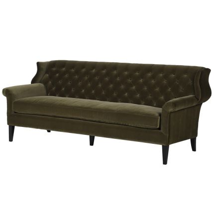 retro olive green velvet sofa with deep-buttoning 