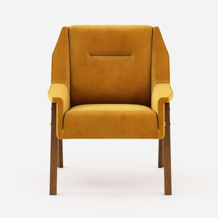 A luxurious warm-toned velvet armchair with a walnut wood frame