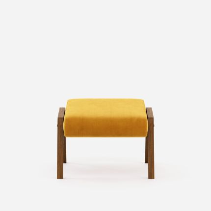 A stylish vibrant velvet ottoman with walnut wood legs 