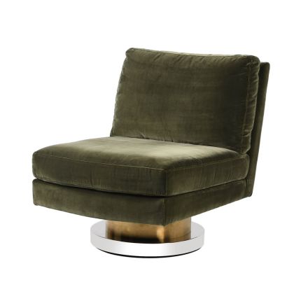 A modern green velvet chair with a stylish nickel and brass swivel base