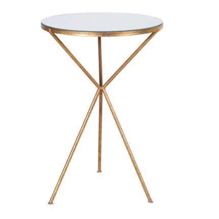 Speckled, mirrored tabletop, gold tripod-legged side table