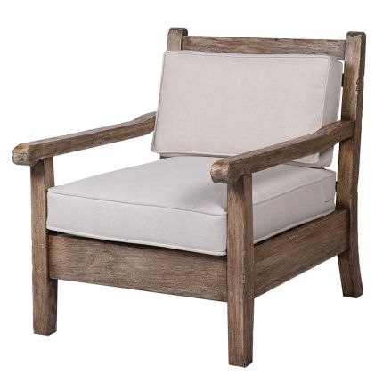Dark wooden armchair with grey cotton linen cushions