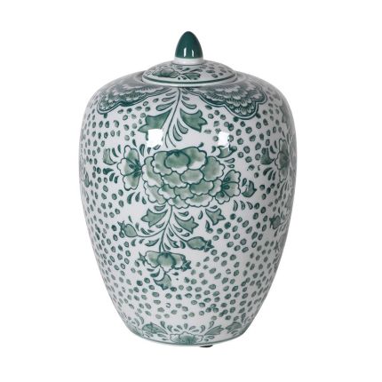 Decorative urn with a ceramic lid and green painted detailing