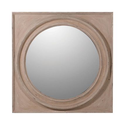Beautiful circular mirror encased in a square wooden frame crafted from Paulownia Hardwood