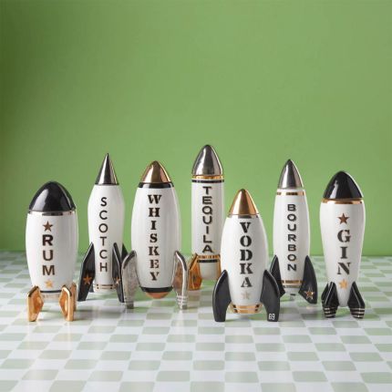 Black and white rocket-shaped scotch decanter with gold detail