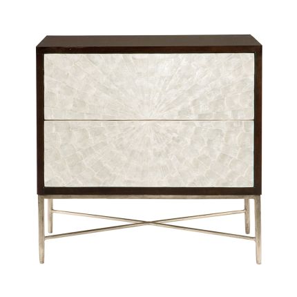 A mesmerising bedside table by Bernhardt featuring two Capiz shell drawers, a rich expresso wood and a solid-steel base with a bronze finish