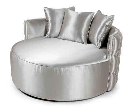 Luxurious love seat with deep buttoning and chrome studding in a silk finish