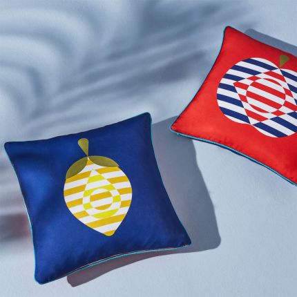 Reversible fruit print cushions, with blue and red sides