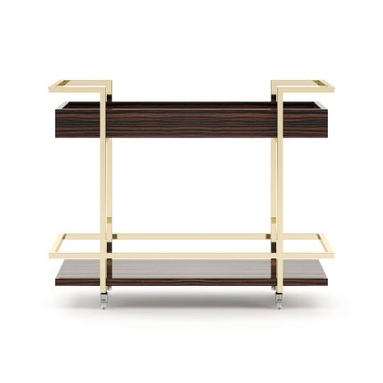A luxurious mid-century inspired tea cart/drinks trolley with golden accents 