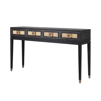 Industrial style console table in rich, dark oak finish with rattan drawers