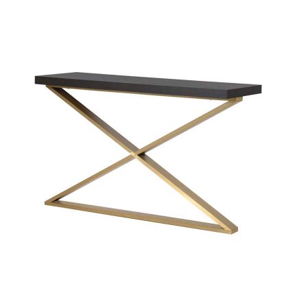 A console table with criss-cross brass base