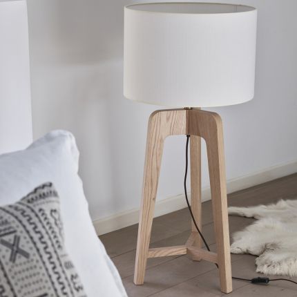 Stylish wooden base table lamp with white lampshade