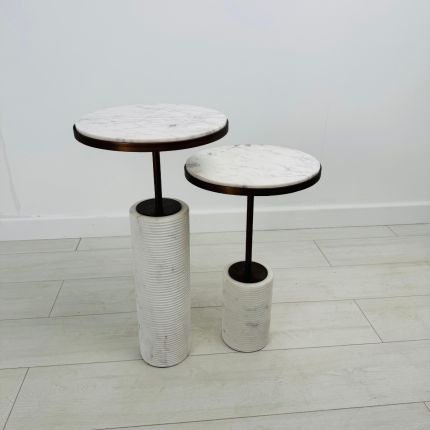 Clearance Dolmec Side Table – Antique Bronze / White Marble – Set of 2