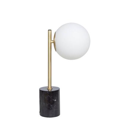 Brass table lamp with black marble base and matte opal frosted light 