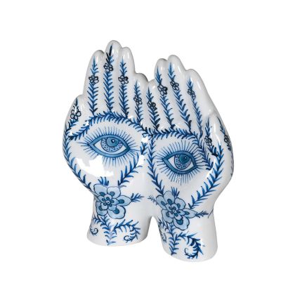 Hand ornament with blue nature motifs and eye illustrations