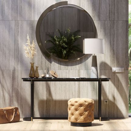 a luxurious modern console table with a marble surface and golden accents