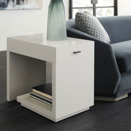 Modern, luxurious design side table with drawer and lower shelf for storage 