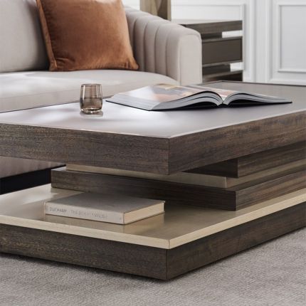Modern, architectural coffee table with lower shelf storage 