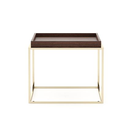 A luxurious side table with golden legs and a smoked matte eucalyptus wood tabletop