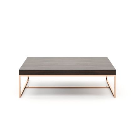 A chic modern coffee table with a copper frame and wooden surface 