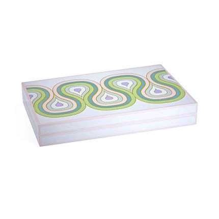 A luxury backgammon set by Jonathan Adler with a pastel colourway and high-gloss lacquer finish