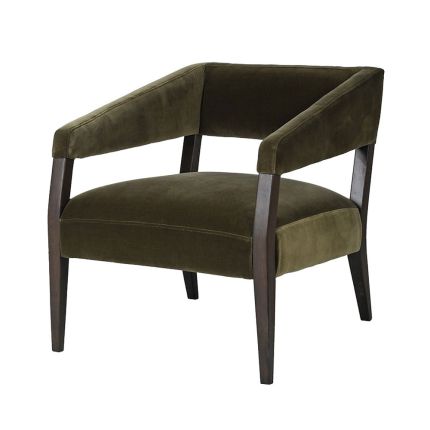 olive green retro armchair with wooden frame 