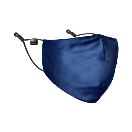 A stylish navy 100% Mulberry silk face mask with black straps