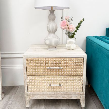 stunning natural rattan bedside two-drawer table