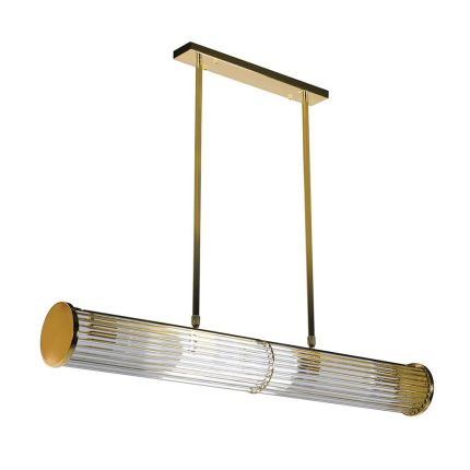 A glamorous ceiling light with a tubular shape finished with a ribbed glass design and gold finish 