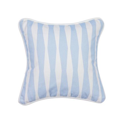 A lovely light blue children's cushion with a stiped design and white piping