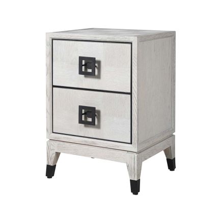 A monotoned bedside table crafted from white oak and bronze hardware 