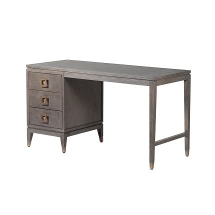 A luxury greyed oak desk with a brown finish and antique brass accents 