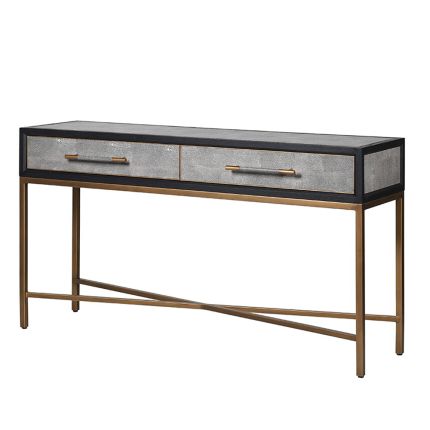grey shagreen console table with black outlining and brass legs and details 