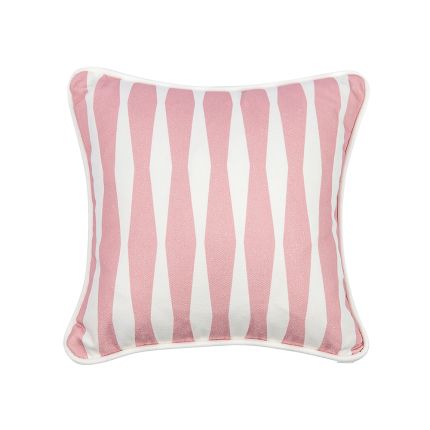A beautiful children's cushion with a pretty pink design featuring a unique pattern and white piping