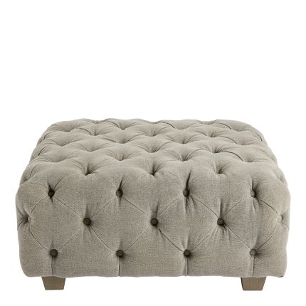 Square, grey linen pouffe with deep buttoning